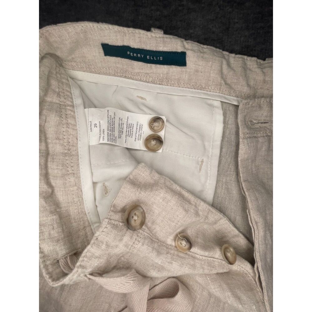 Perry Ellis Size 29(31) 100% Linen Flat Front Dress Pants Button Fly Cream Beach - Picture 4 of 11
